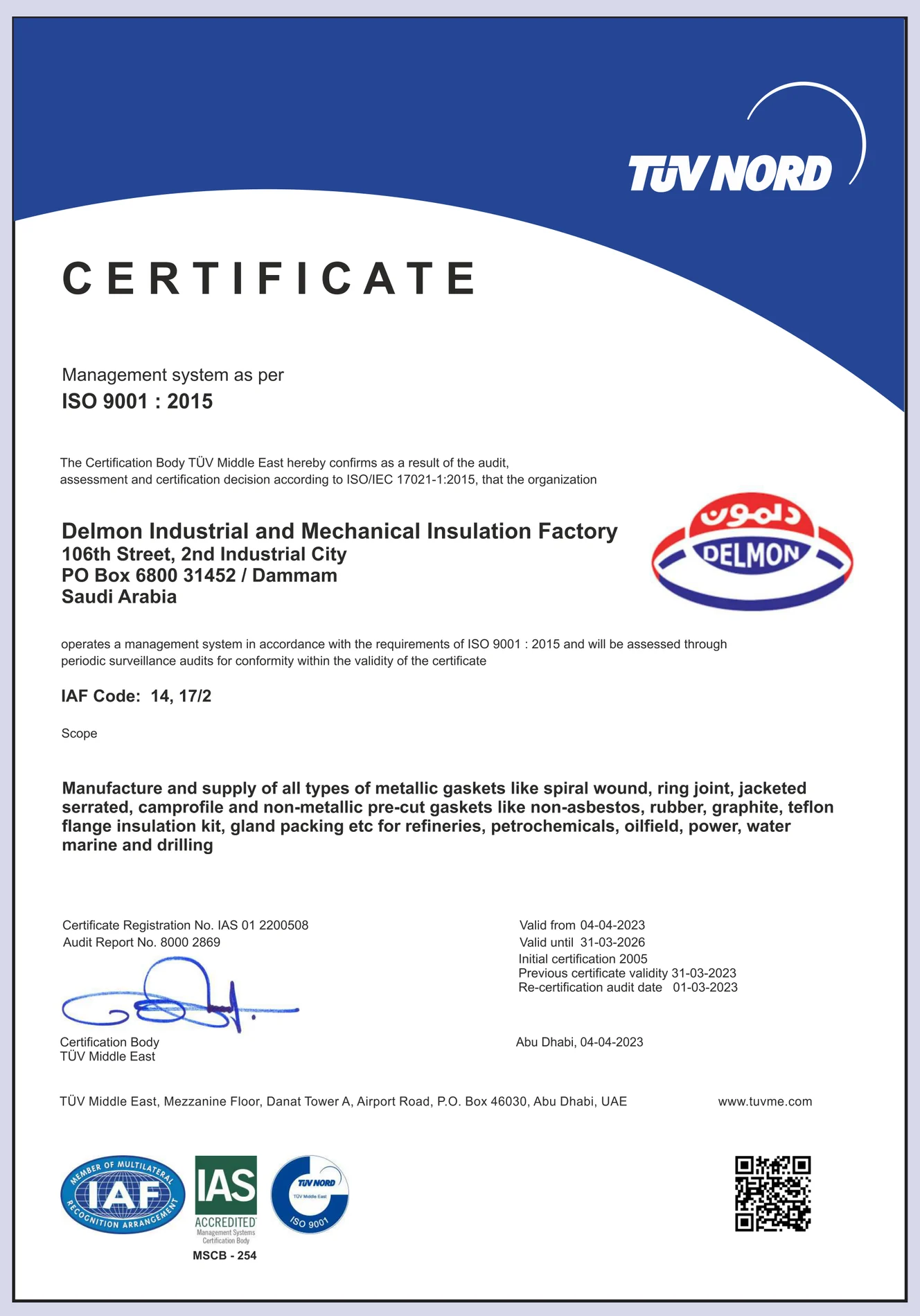 TUV NORD certificate IAS 01 2200508 - valid 04/04/2023 to 31/03/2026