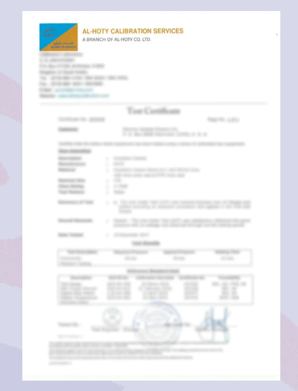 Hydrotest certificate thumbnail (225 bar) - captioned 'HYDROTEST DELSEAL MC 4" 1500# AT 225 BAR PRESSURE'